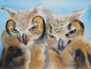 Watercolour painting by Lynn Robinson of Owls