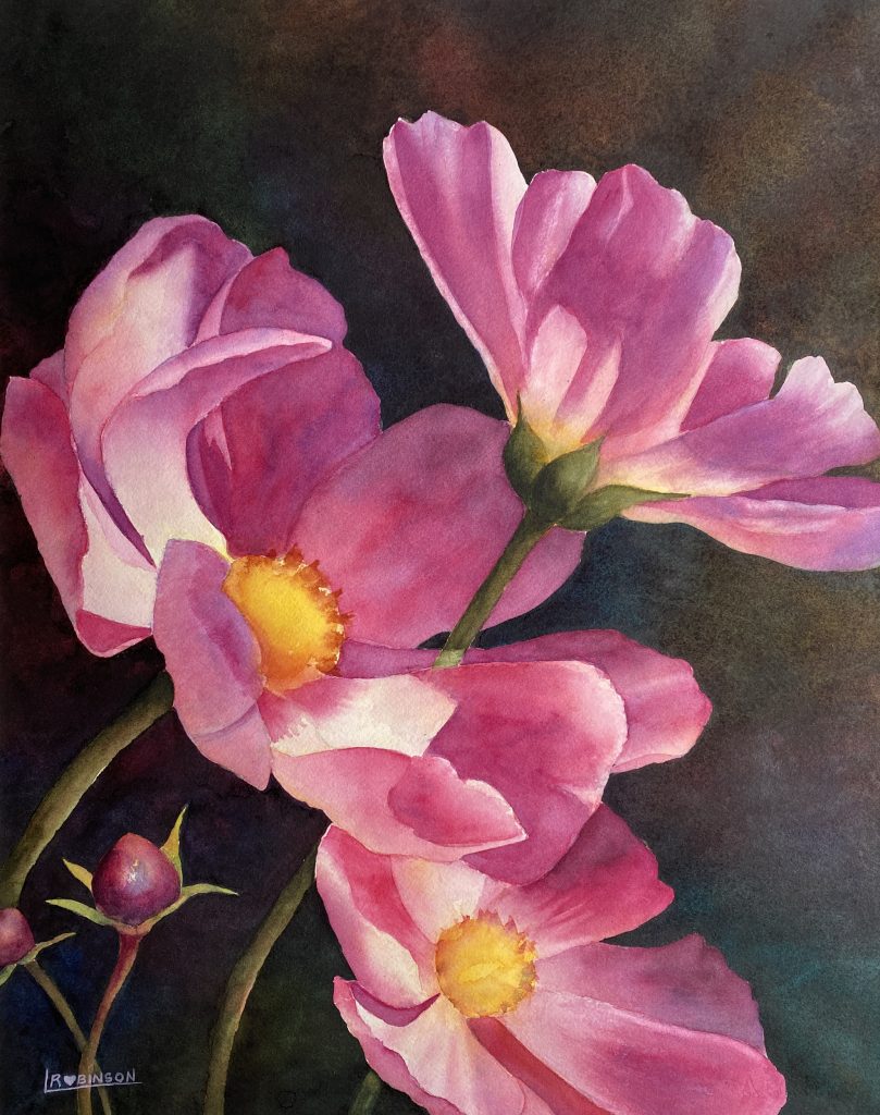 Watercolour Painting by Lynn Robinson of Magenta Cosmos